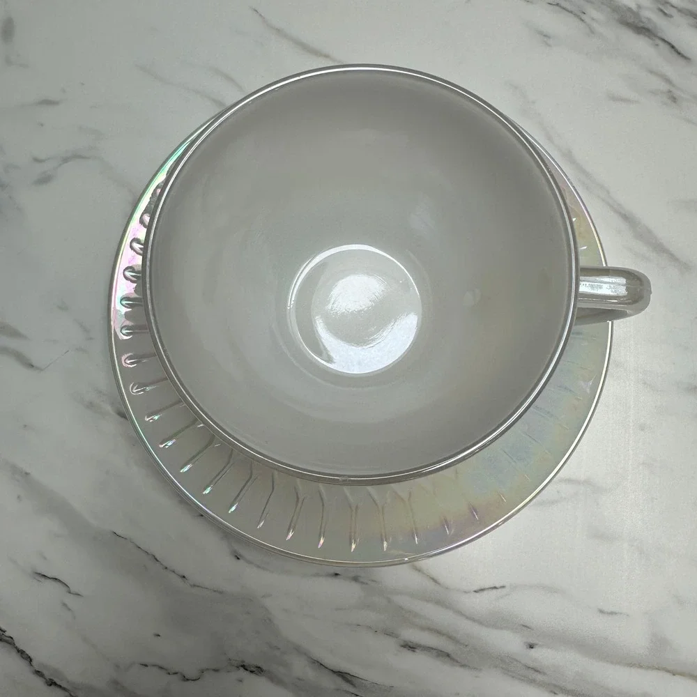Vintage Federal Glass Moonglow Iridescent Tea Cup Saucer Set Princess Party
